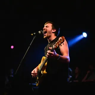 A captivating portrait of a musician passionately playing an instrument on a dimly lit stage, with dramatic lighting highlighting their emotional expression and the crowd in the background.