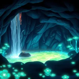 A fantasy landscape featuring a hidden waterfall cascading into a crystal-clear lagoon surrounded by bioluminescent flora. The scene is illuminated by a soft, magical glow, creating an inviting and serene atmosphere.