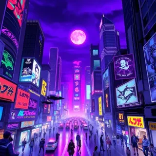 A vibrant cyberpunk cityscape at night, filled with neon lights and futuristic skyscrapers, featuring flying vehicles and holographic advertisements. The streets are bustling with diverse characters in colorful tech-fashion, all under a glowing purple sky.