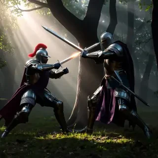 An epic battle scene between two medieval knights in full armor, clashing swords in a foggy forest illuminated by shafts of light breaking through the canopy. The composition captures the intensity and movement of the combat.