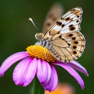 A hyper-detailed macro shot of a butterfly resting on a flower, showcasing the intricate patterns on its wings and the vibrant colors of the bloom.