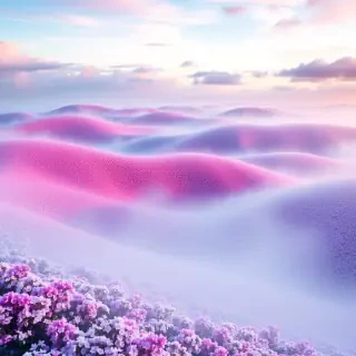 A dreamy and surreal landscape of rolling hills covered in colorful blossoms under a pastel sky, inviting a sense of peace and tranquility.
