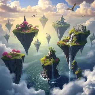 A surreal landscape of floating islands above a mystical sea, with waterfalls cascading into the abyss, vibrant foliage and creatures soaring through the skies.