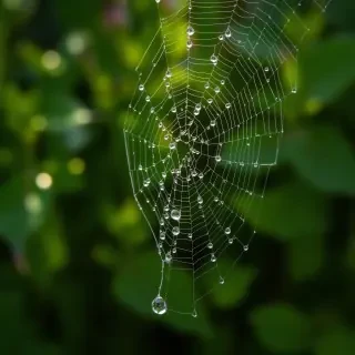 A macro nature shot of a dewdrop-laden spider web glistening in the early morning light, with a blurred background of vibrant green foliage. The composition focuses on the intricate details of the web's design and the refracted light within the droplets.