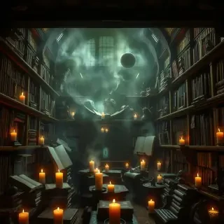 An enchanted library filled with oversized books and magical artifacts, dimly lit with floating candles, creating a cozy and mysterious atmosphere.
