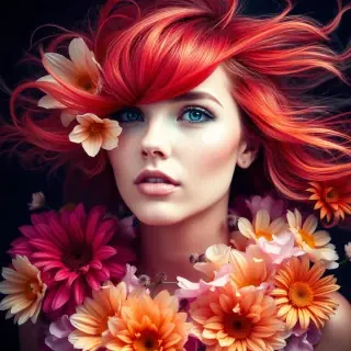 A stunning portrait of a woman with vibrant, flowing hair, surrounded by an explosion of flowers and colors, capturing the essence of nature and beauty.