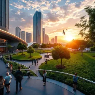 A futuristic city park at dawn, featuring sleek architecture and lush greenery interwoven with digital art installations. People of diverse backgrounds are seen enjoying the space, captured in a moment of harmony between nature and technology.