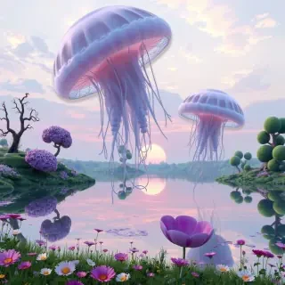 A surreal landscape where giant, floating jellyfish drift above a tranquil lake reflecting a pastel sunset, surrounded by oversized flowers and whimsical trees. The scene evokes a dreamlike, otherworldly atmosphere.
