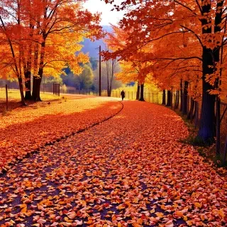 A vibrant fall landscape with a winding path covered in golden leaves, bordered by trees dressed in shades of orange, red, and yellow, all illuminated by soft, warm sunlight. The scene invites viewers to take a walk into nature's beauty.
