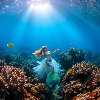 A dreamy underwater scene where a mermaid with iridescent scales dances among coral reefs, illuminated by shafts of sunlight filtering through the water. Colorful fish swim alongside her, enhancing the enchanting atmosphere.