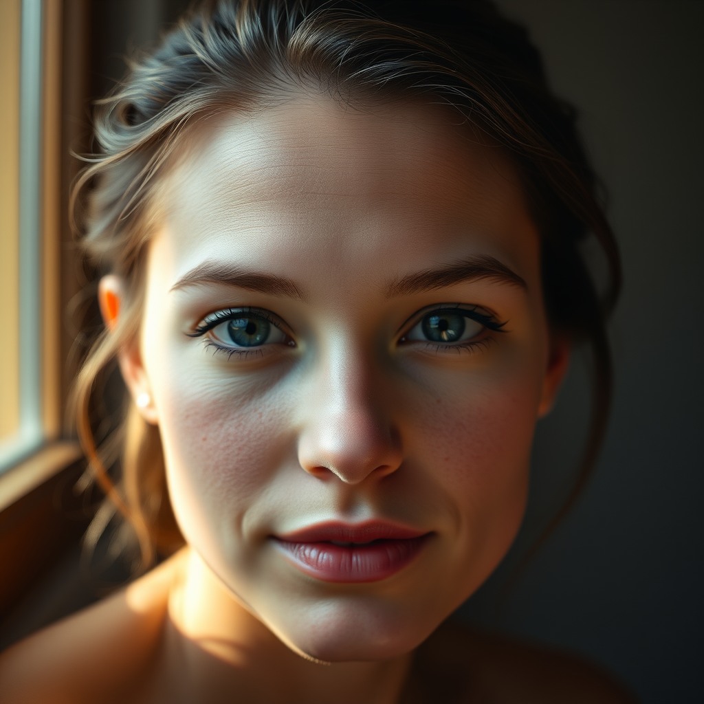 hyperrealistic portrait of a woman, natural skin texture, soft window light, 85mm lens look, high detail, realistic color grading