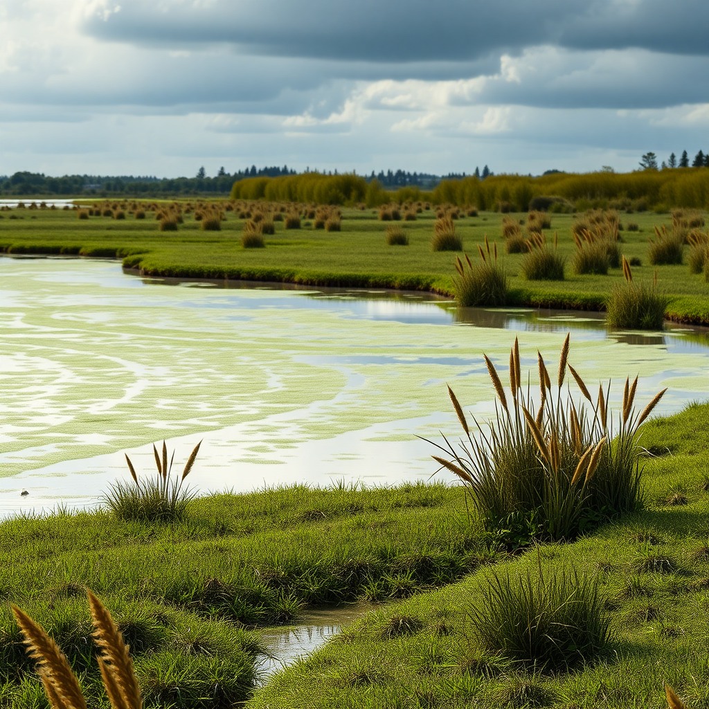 Photo-realistic editorial photography, realistic scene representing marshland