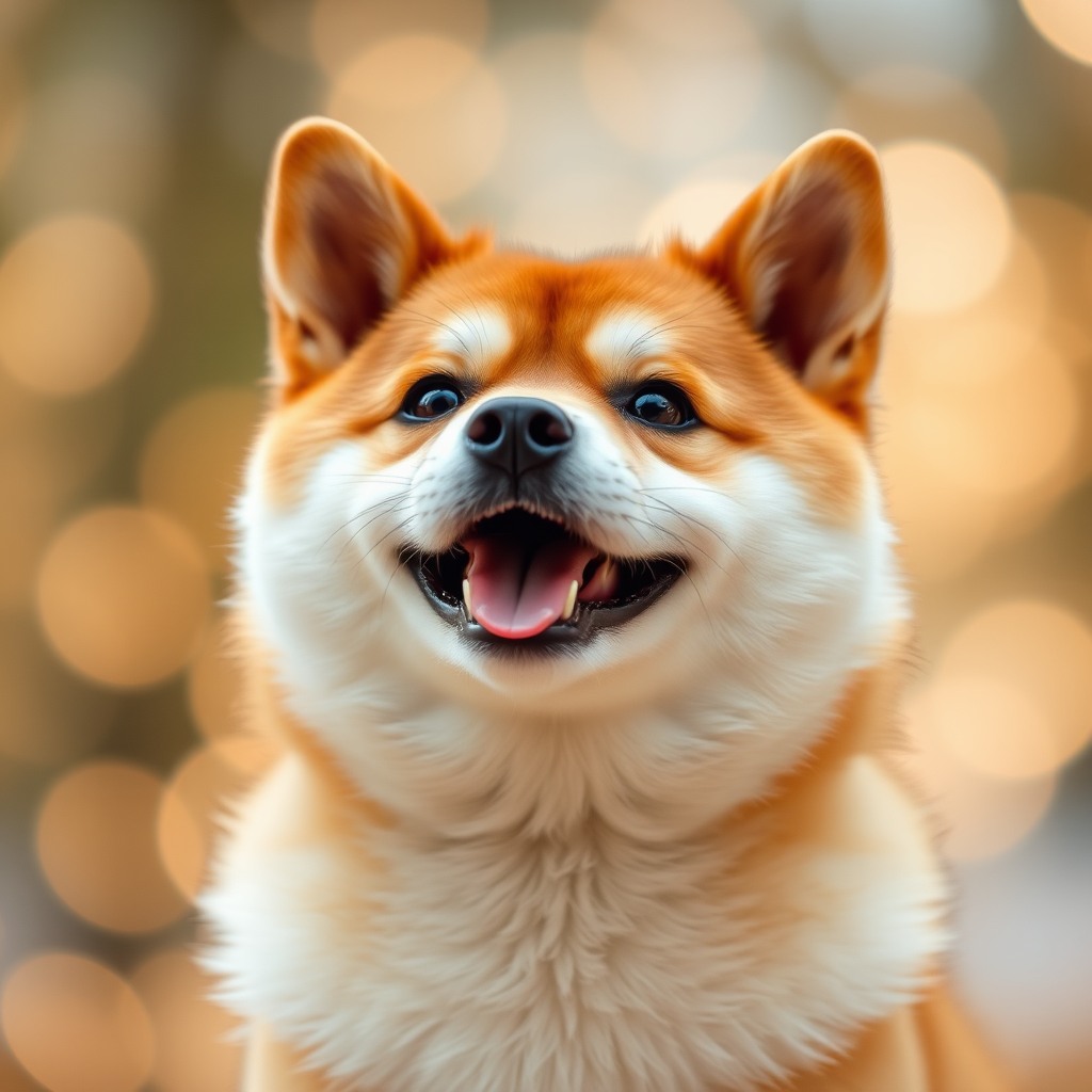 happy shiba inu, bokeh background, whimsical cute style