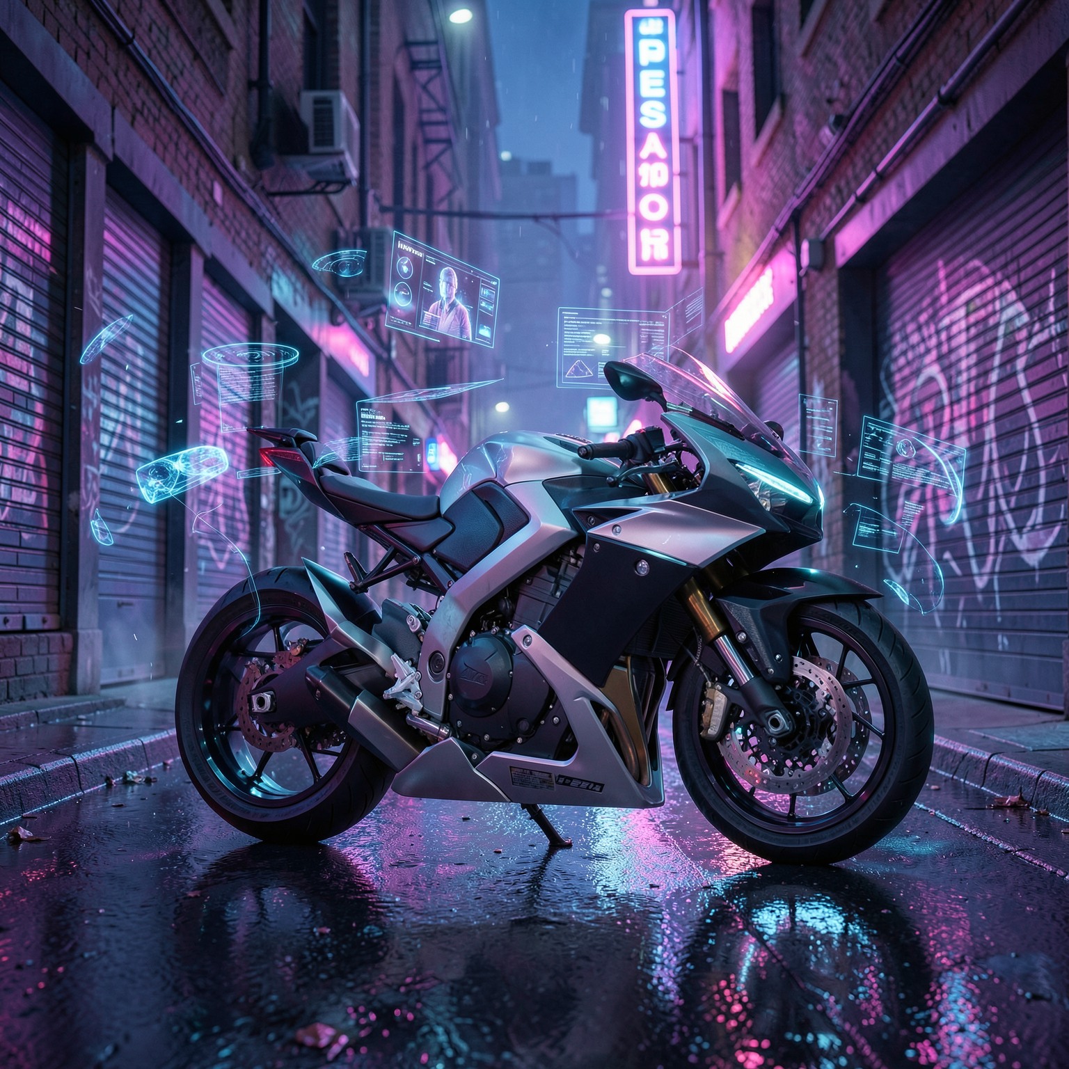 futuristic motorcycle parked in neon alley with holograms