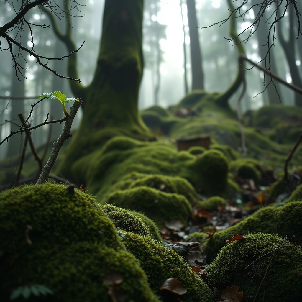 Photo-realistic editorial photography, realistic scene representing mossy forest