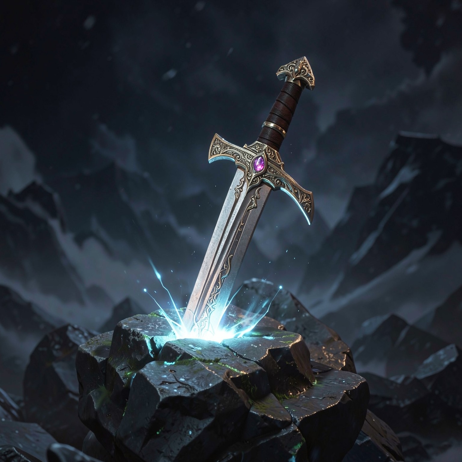 ultra detailed fantasy sword stuck in glowing stone