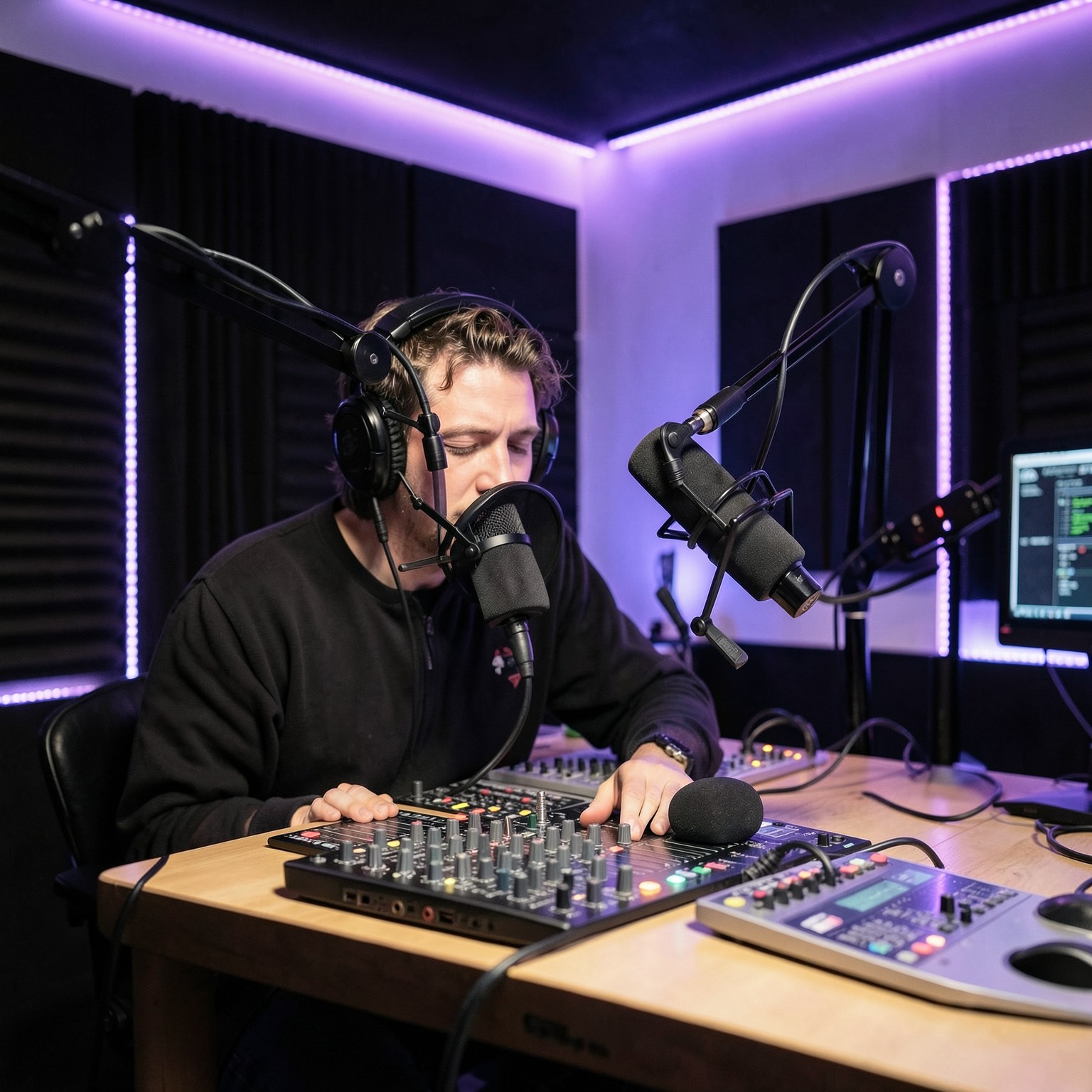Professional podcast studio with microphones and LED lighting