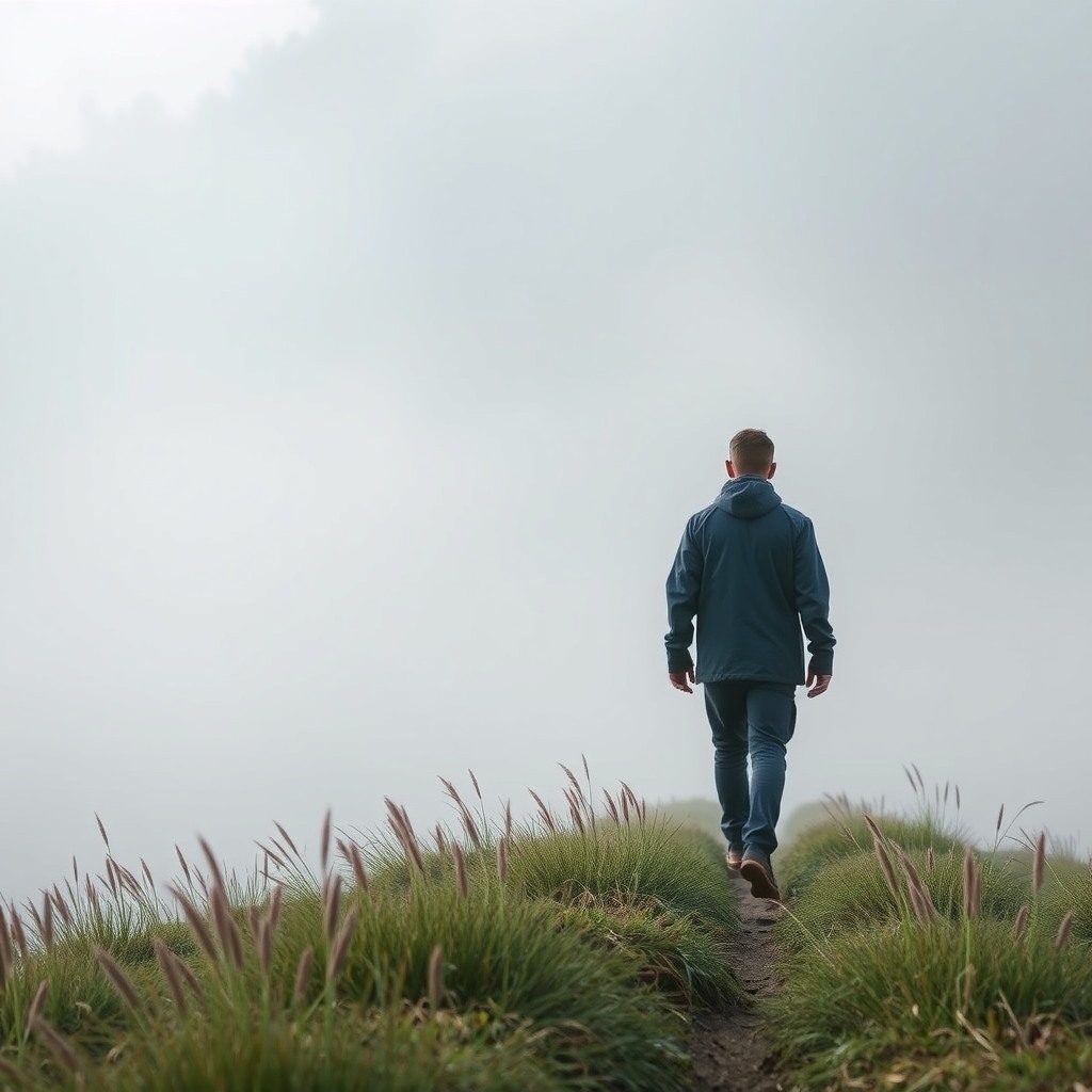 Photo-realistic editorial photography, realistic scene representing misty grassland