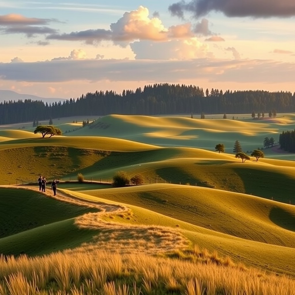 Photo-realistic editorial photography, realistic scene representing rolling hills