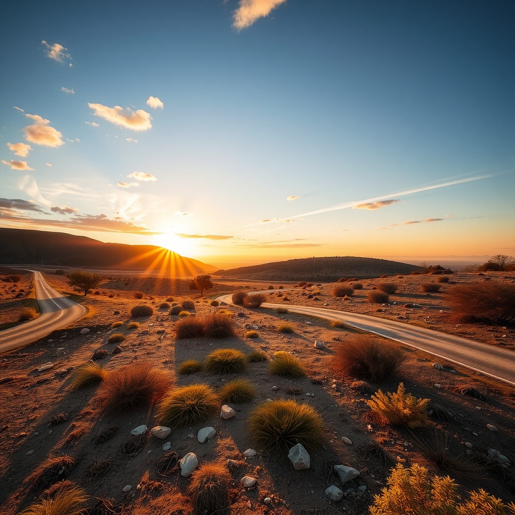 Photo-realistic editorial photography, realistic scene representing sunrise landscape