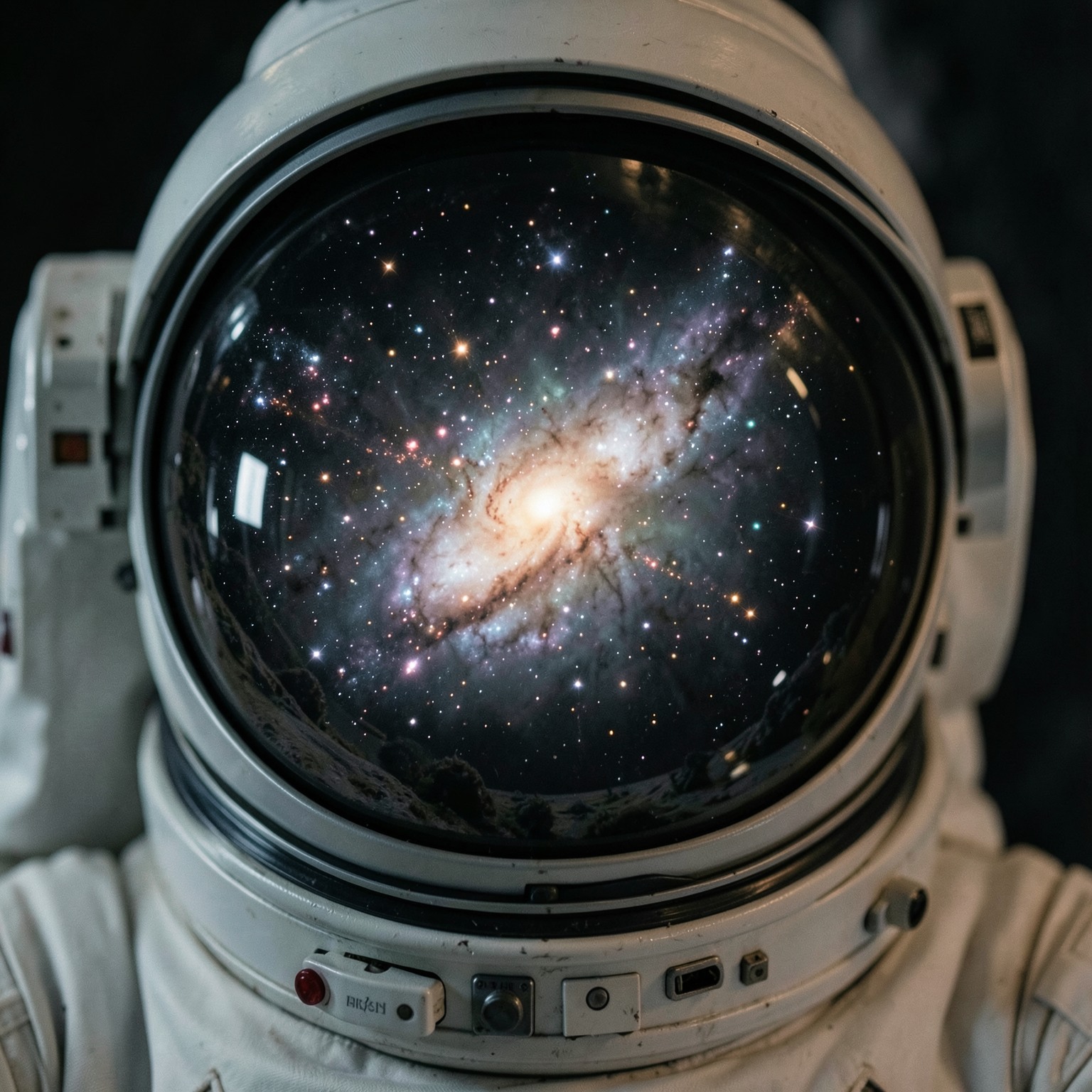 Cinematic close-up of astronaut helmet reflecting exploding galaxy