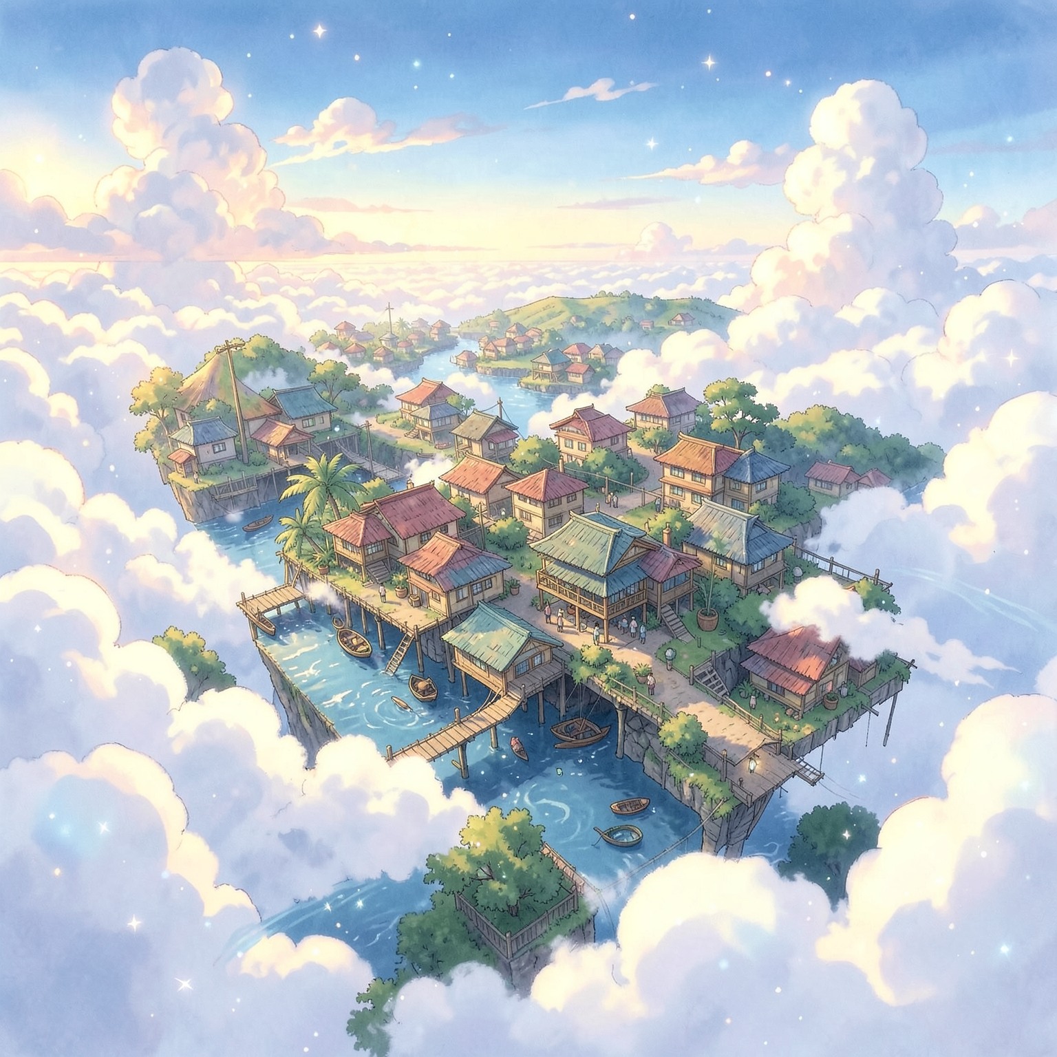 Studio Ghibli inspired floating village above clouds, magical atmosphere