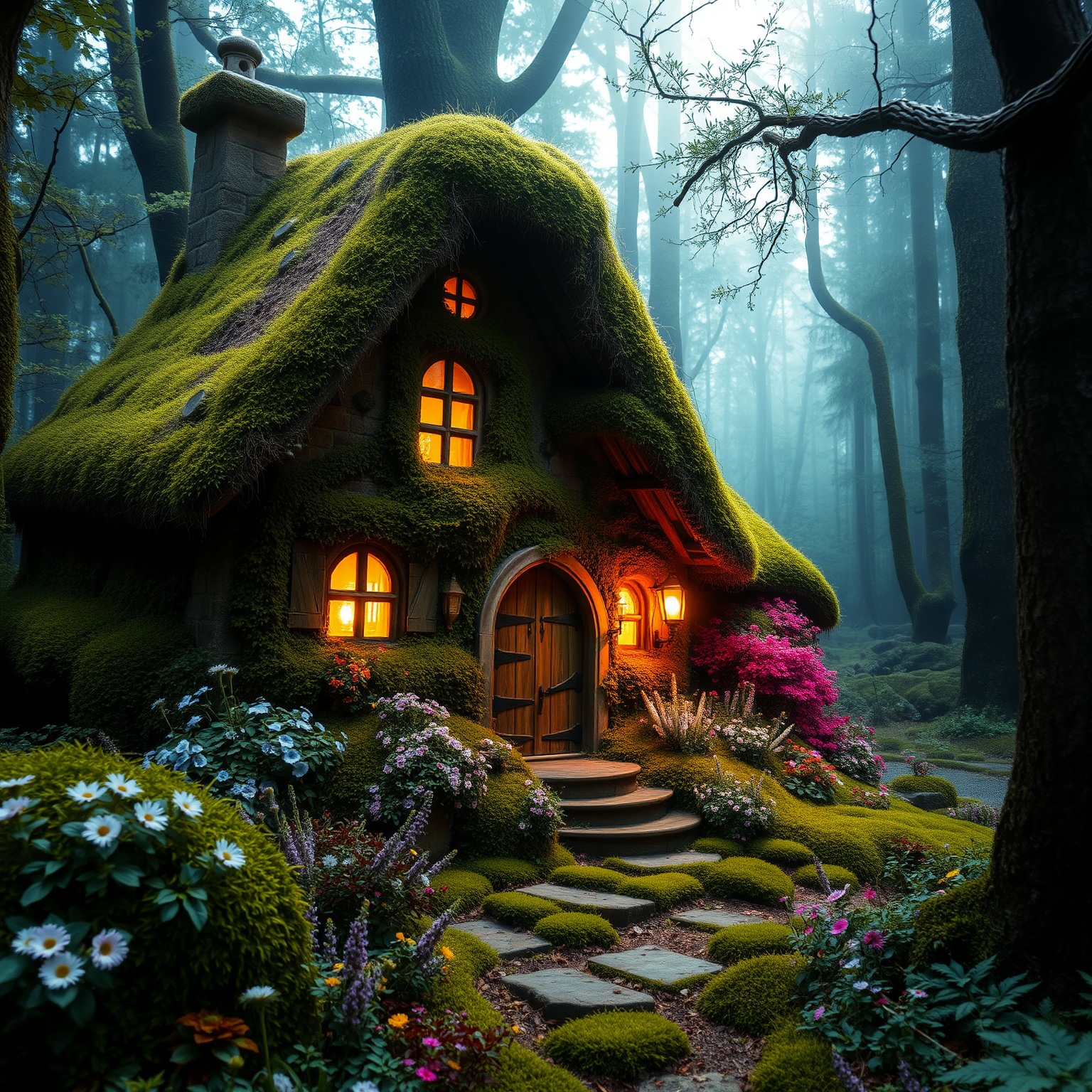A magical cottage hidden in an enchanted forest with glowing lights.