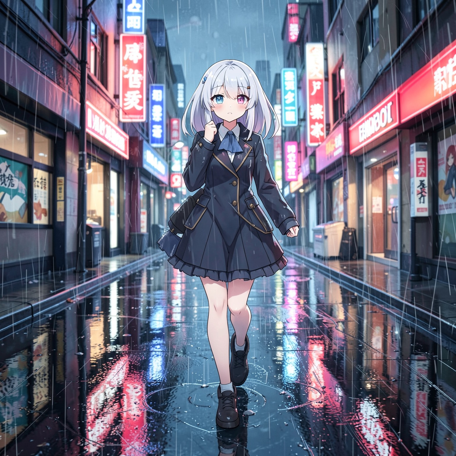 anime girl with white hair walking through rainy neon streets, detailed reflections