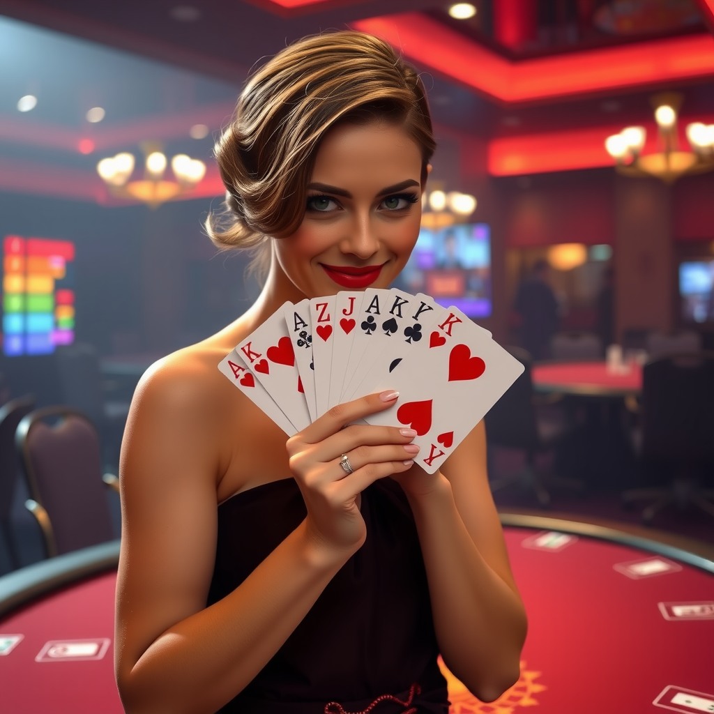 An elegant woman in her 30s wearing a cocktail dress, holding a royal flush of hearts in a smoky casino. Her red lipstick matches the cards as she smirks confidently at the viewer.