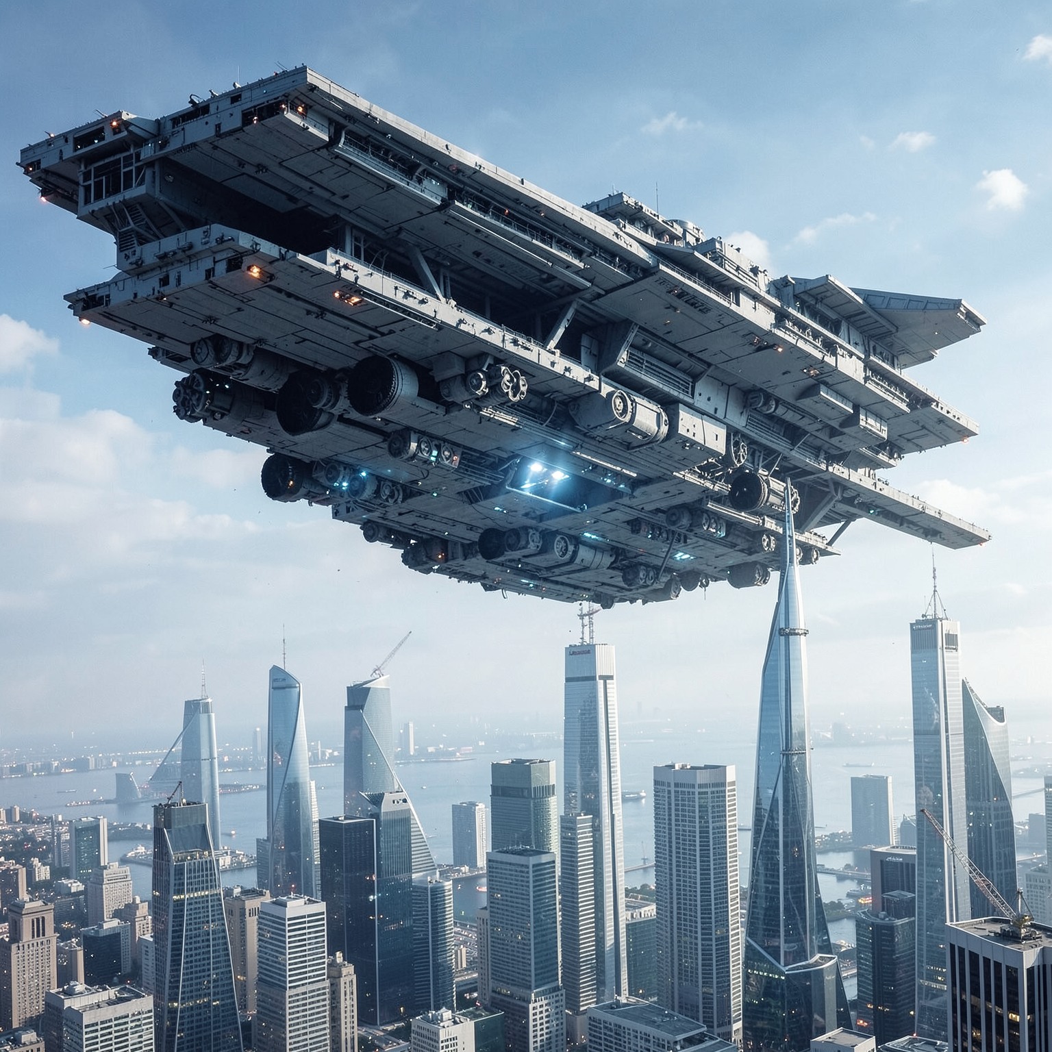 massive spaceship hovering above modern city skyline