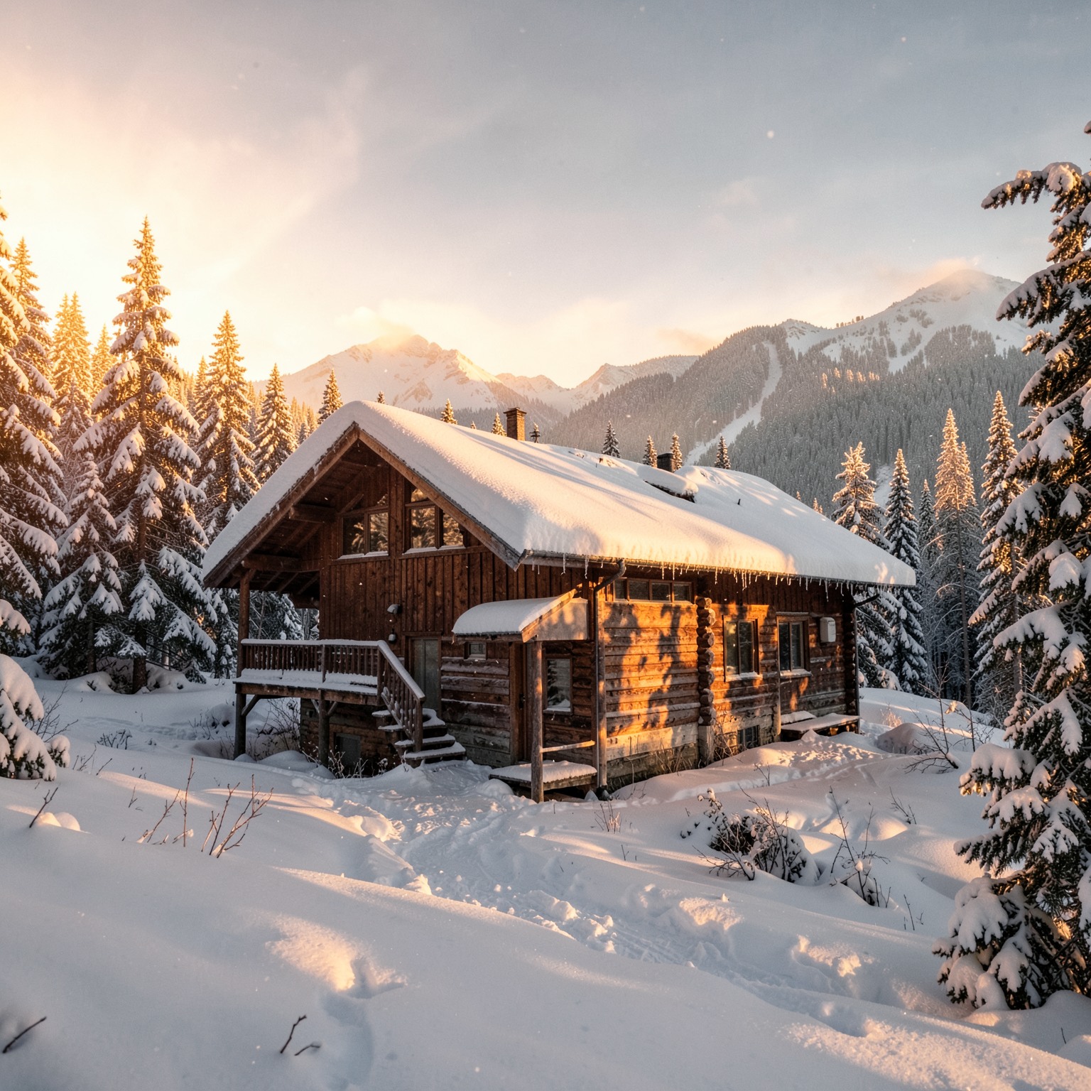 Mountain cabin in snowy forest during golden hour, cinematic winter mood