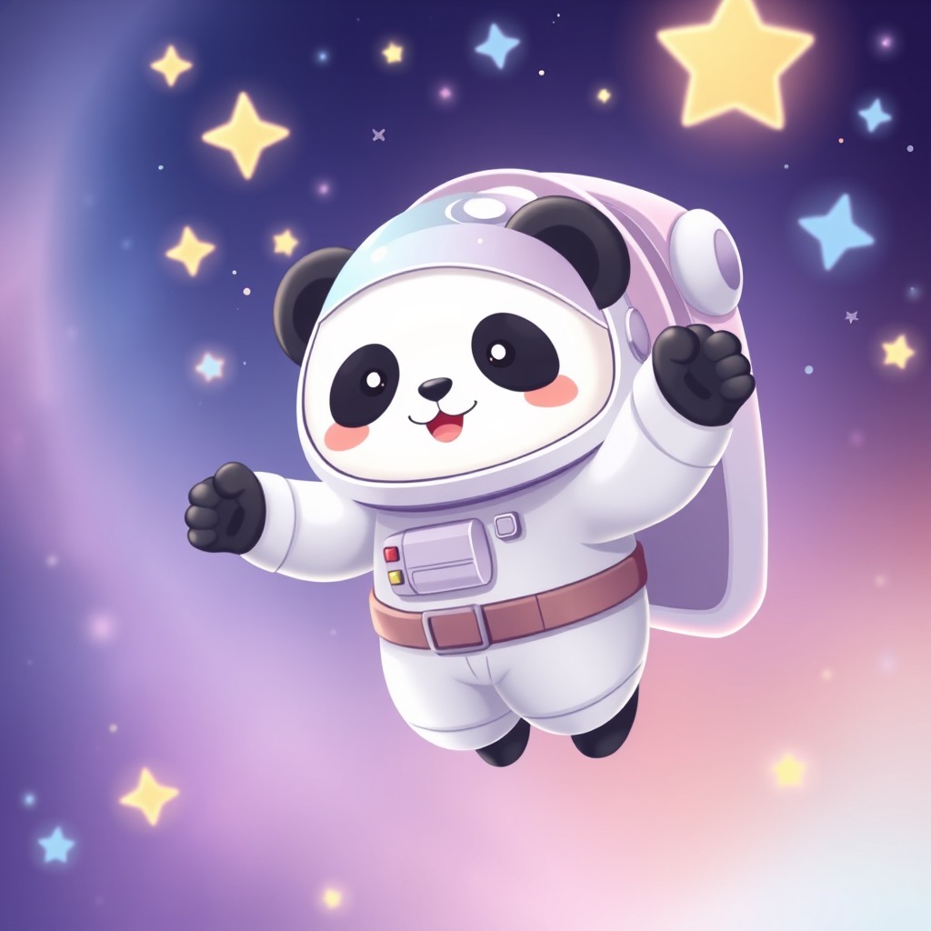 adorable chubby panda astronaut floating in space, pastel spacesuit, glowing stars, dreamy lighting, soft textures, kawaii style, ultra detailed, high quality illustration