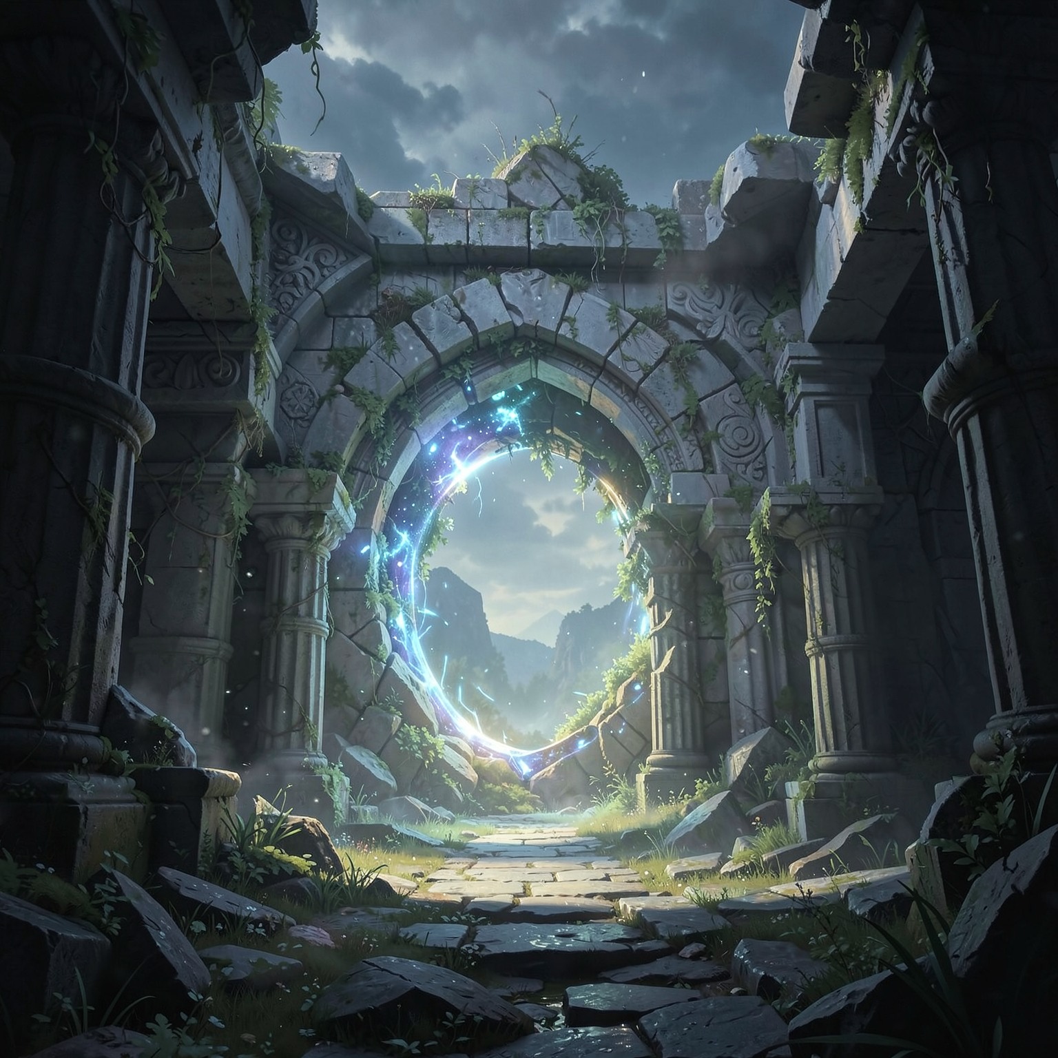 fantasy portal opening inside ancient ruins