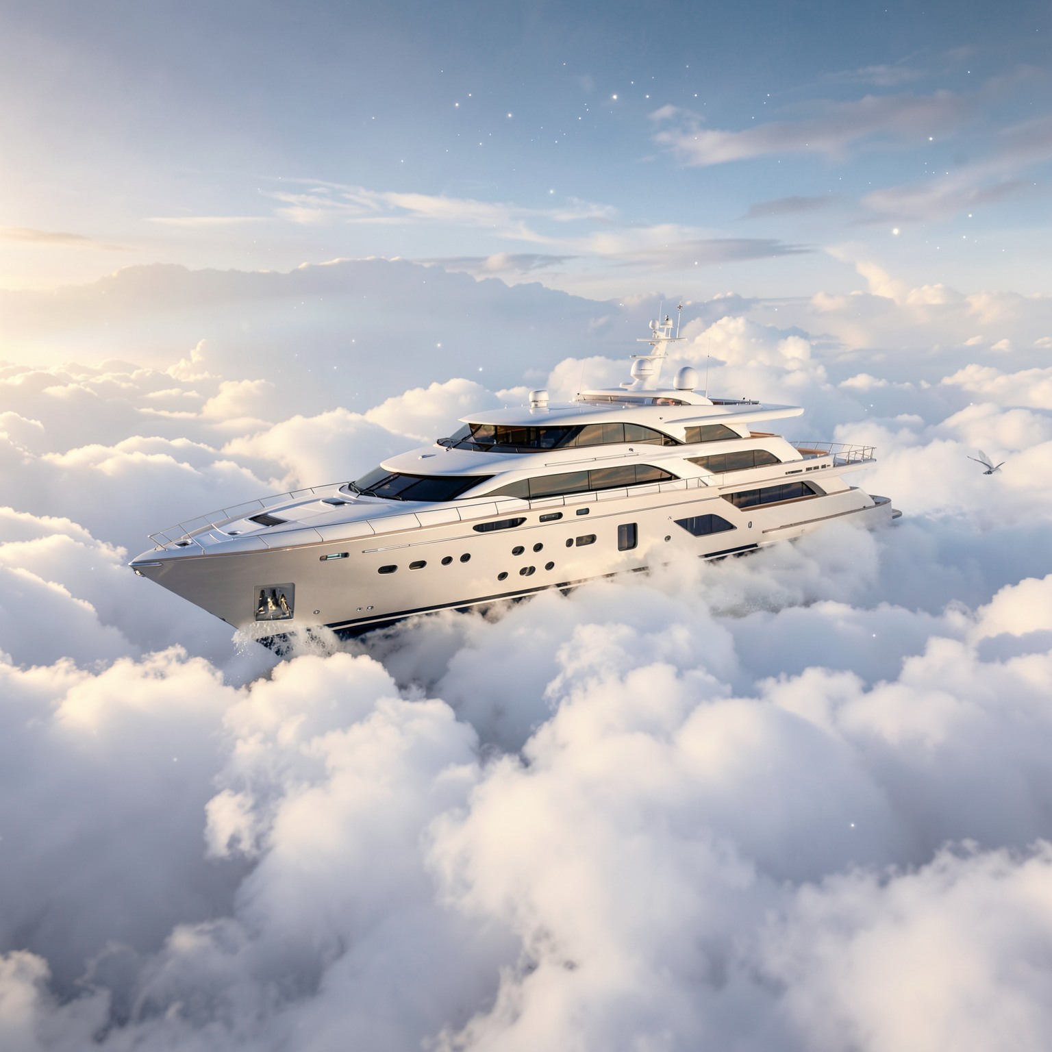 Luxury yacht floating through clouds instead of water, surreal dreamscape