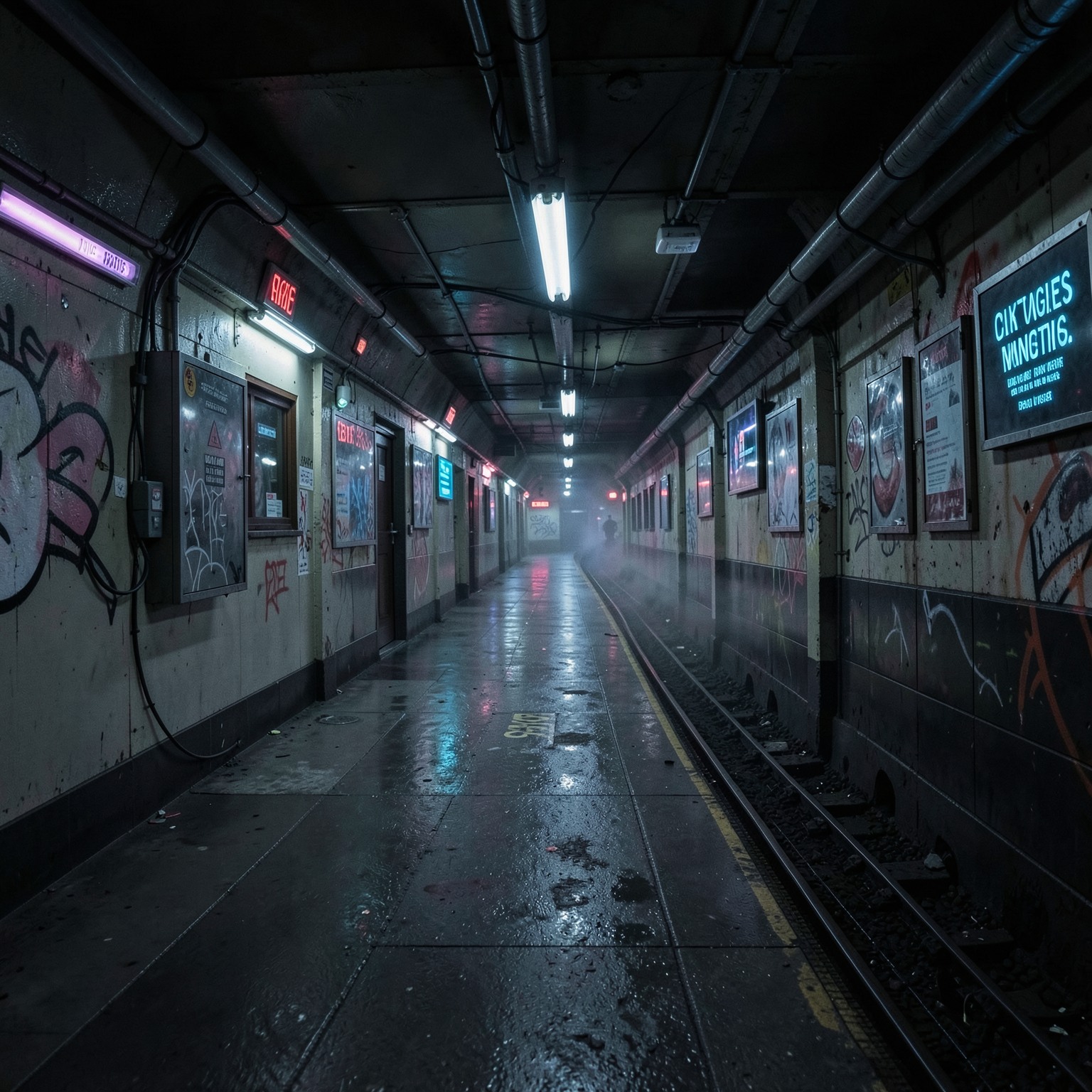 cyberpunk underground subway station, cinematic realism