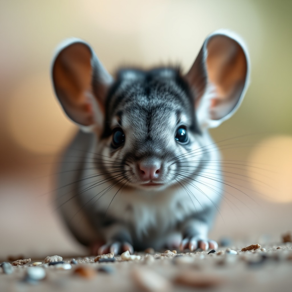 tiny chinchilla, bokeh background, cinematic cute look
