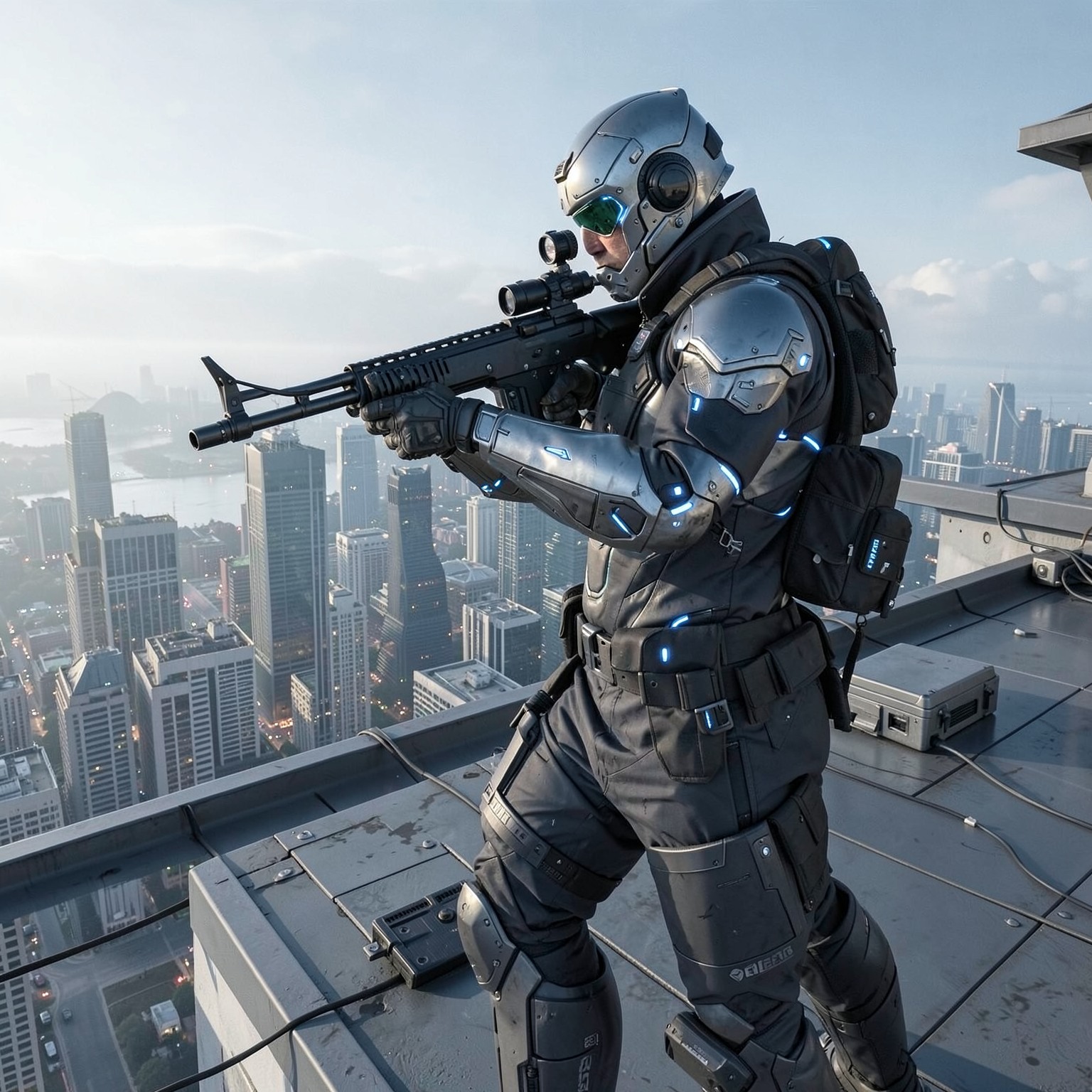 Futuristic sniper on skyscraper rooftop