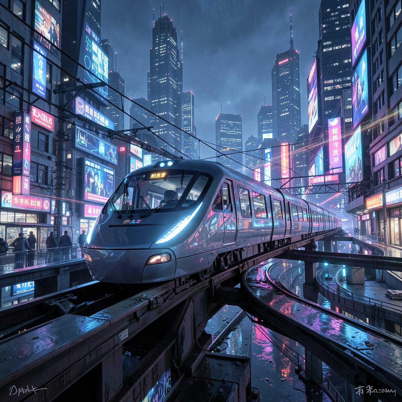 futuristic train crossing glowing cyberpunk megacity