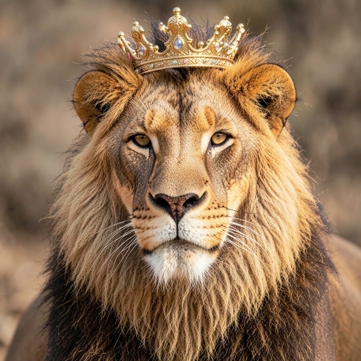 Ultra realistic lion portrait with golden crown