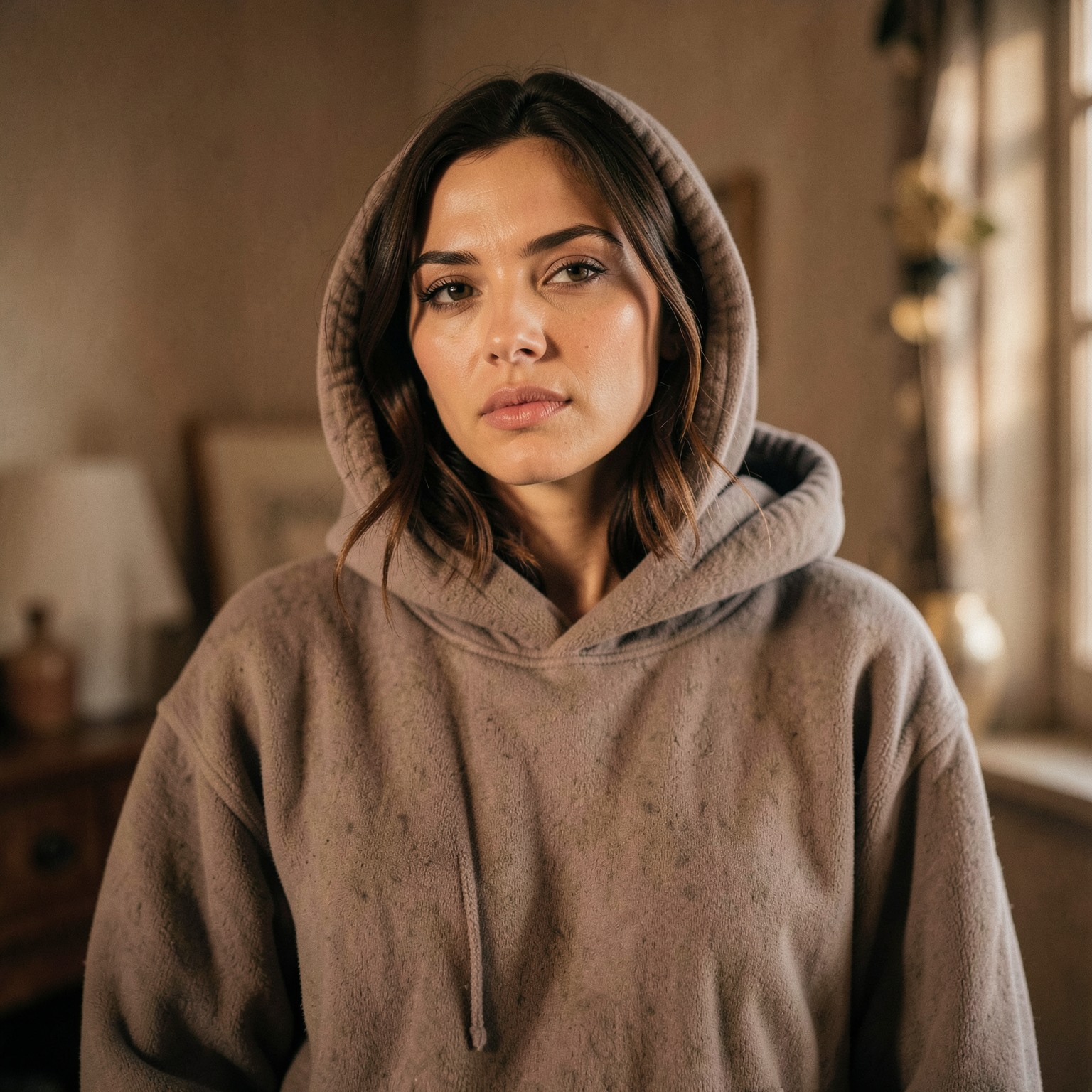 Close-up portrait of woman in oversized hoodie with cozy cinematic atmosphere