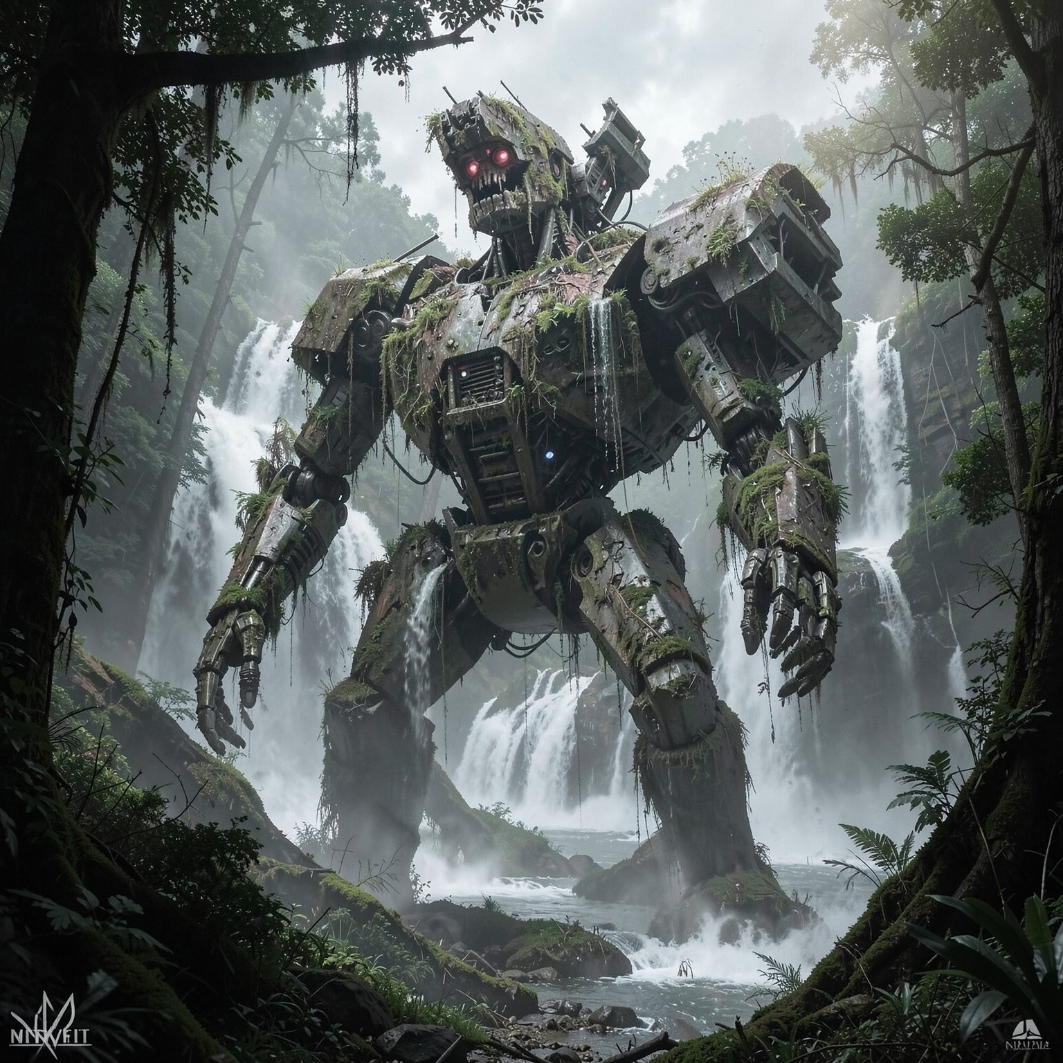 Giant abandoned robot covered in forest and waterfalls, post-apocalyptic fantasy