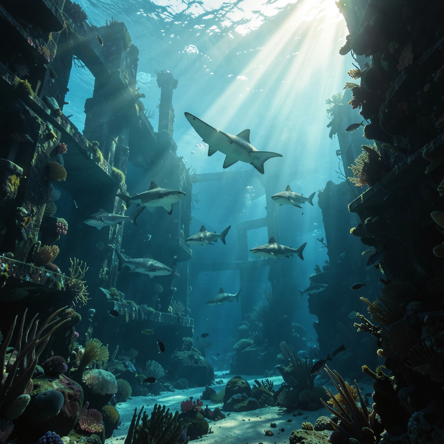 cinematic underwater ruins with sharks and sunlight rays