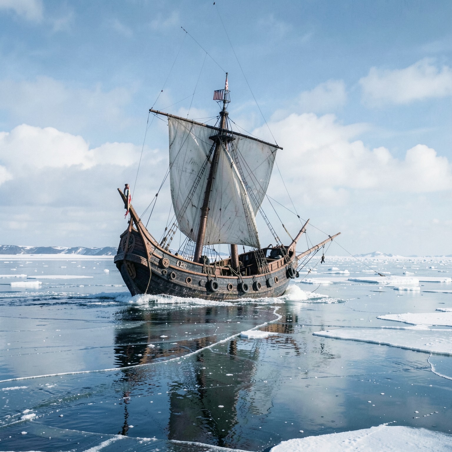 Viking ship sailing across frozen ocean