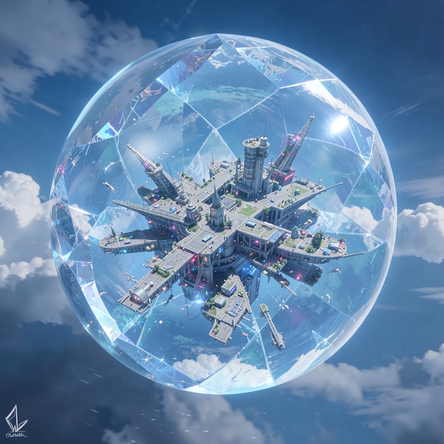 Floating city inside giant crystal sphere