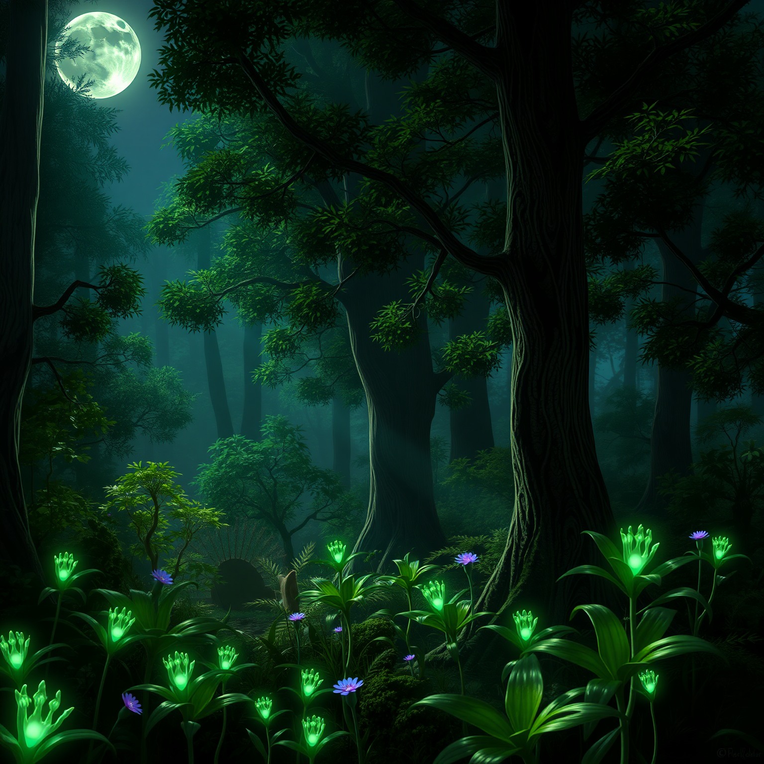 An ethereal forest bathed in moonlight, with bioluminescent plants and mystical creatures peeking through the trees, creating a magical and dreamy atmosphere.