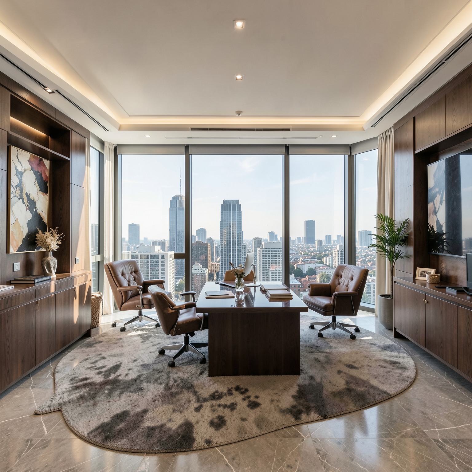 luxury office interior overlooking skyline