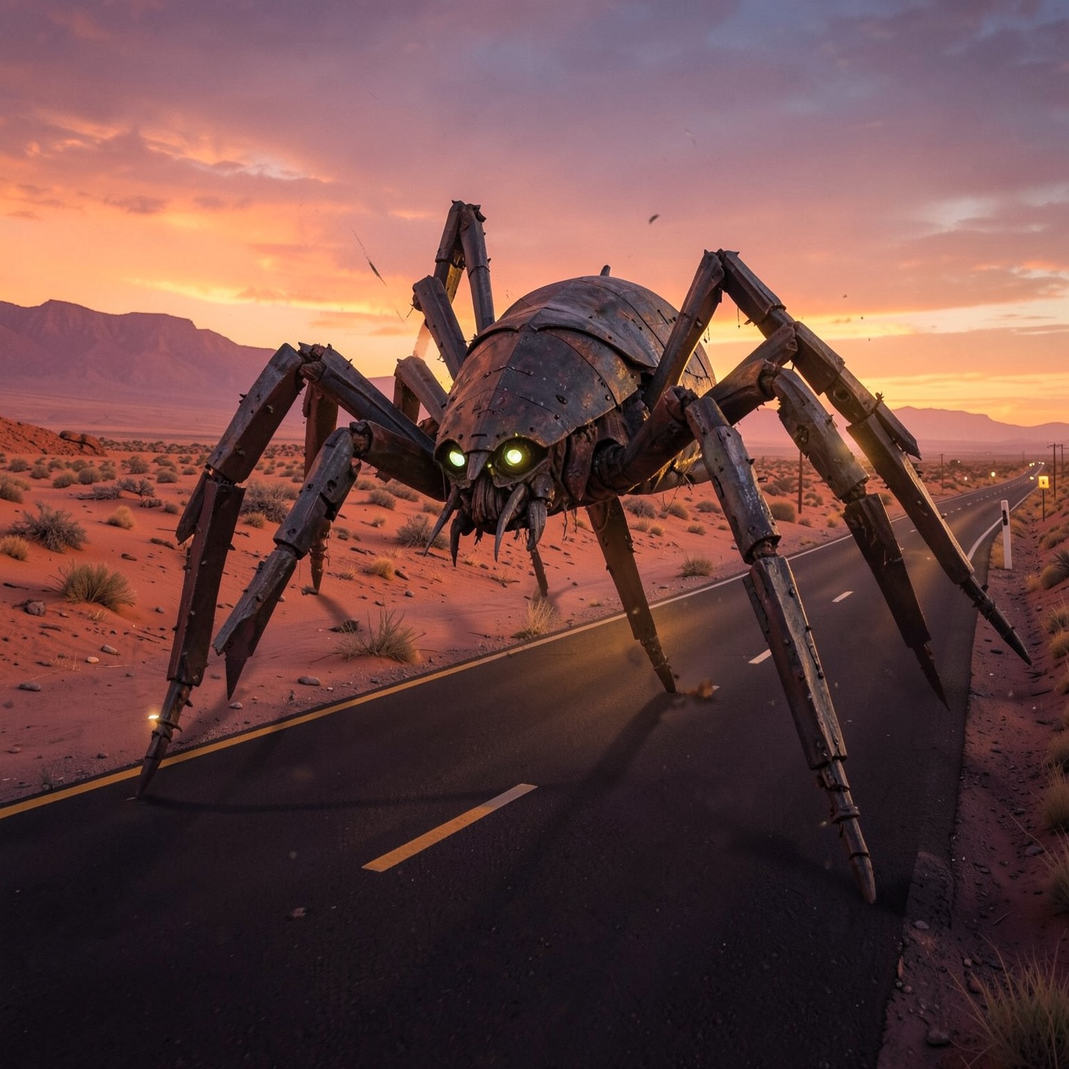 Giant mechanical spider crawling across desert highway at sunset