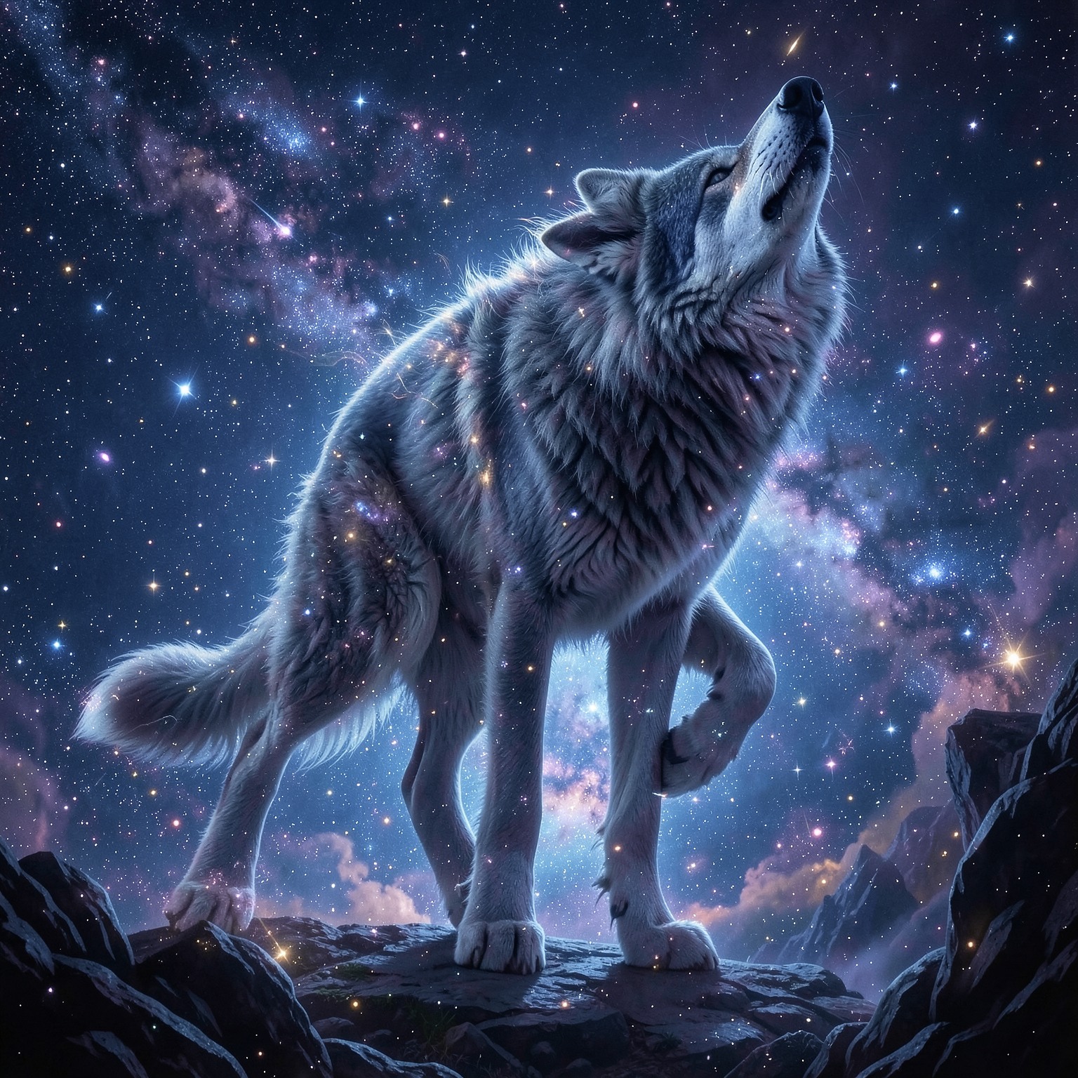 Giant celestial wolf in starry universe