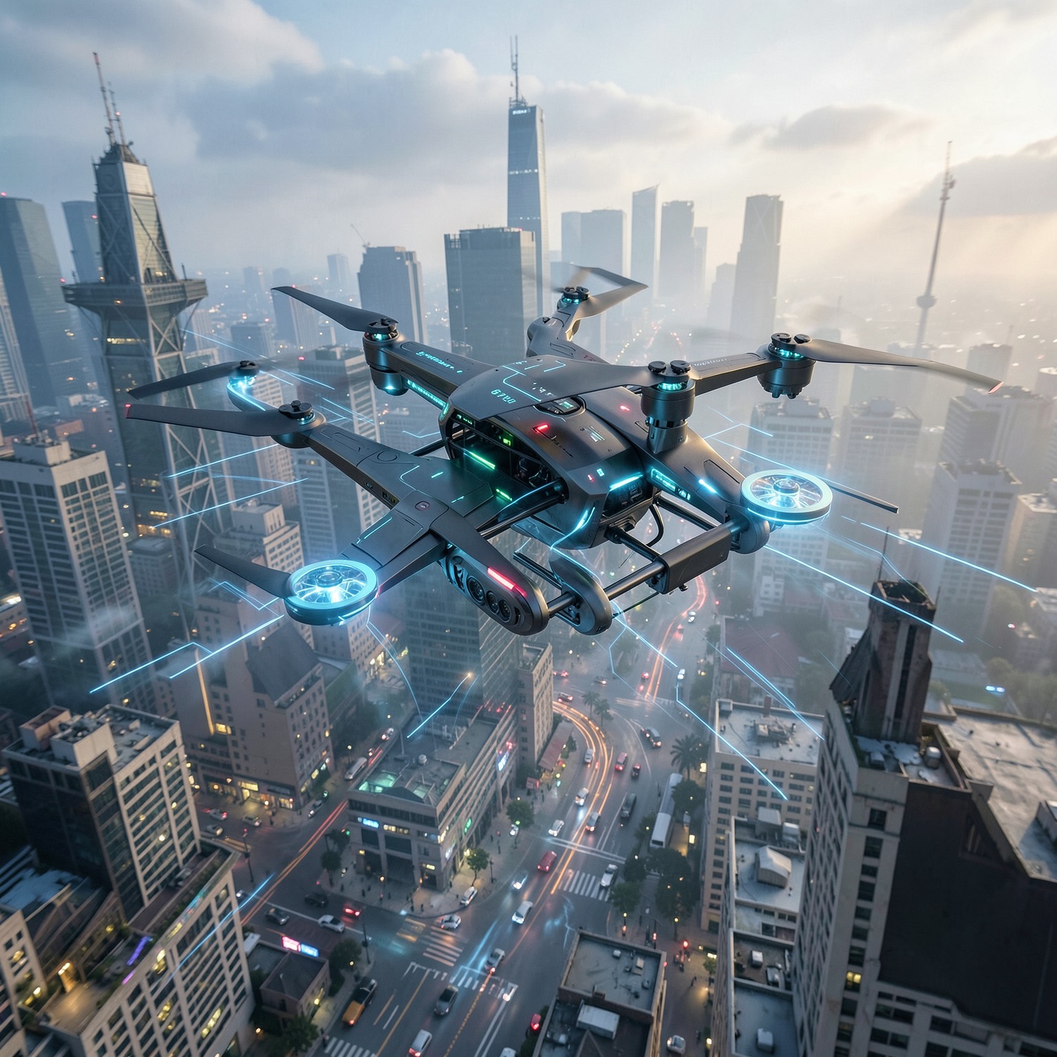 futuristic drone delivery system flying through city