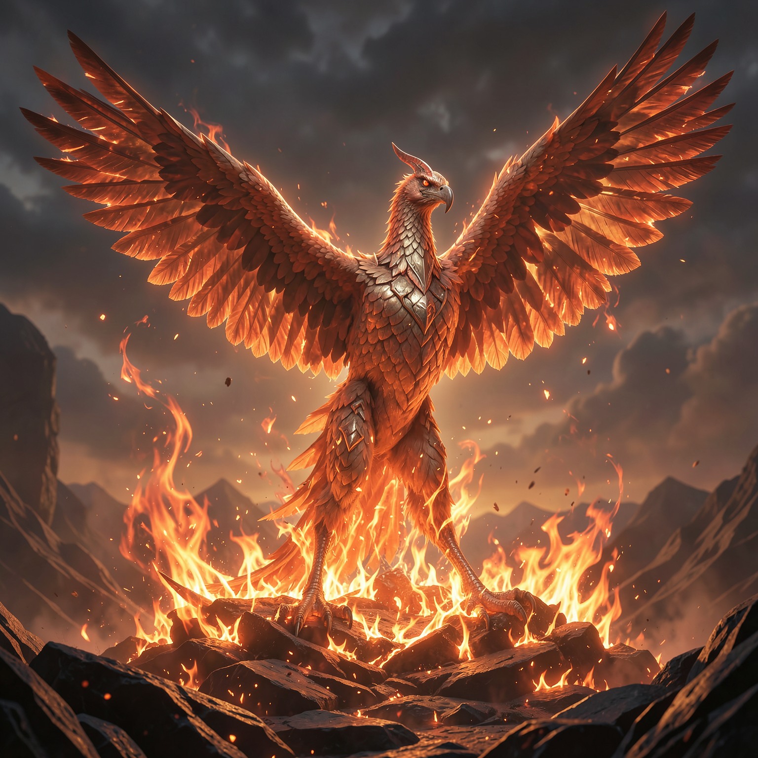 fantasy phoenix rising from fire with cinematic flames